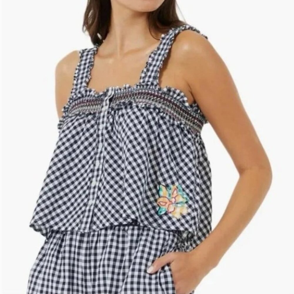 French Connection black & white gingham smocked Adla top M/6 NWT